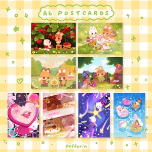 Poffurin A6 Postcard - Cherry - Girly Pop - Picnic - Garden - Summer Sea - Camping - Donut Shop - Star Cat - Two Sided Postcard
