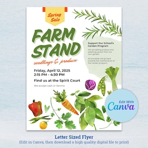Volante de puesto de venta de productos agrícolas, ideal para escuelas o grupos. Tamaño carta, se puede imprimir o utilizar para hacer publicidad en línea.
