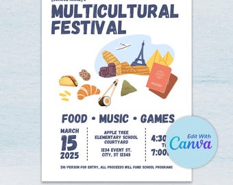 Flyer multicultureel festival en Instagram-bericht: schoolevenement (canva bewerkbaar, pdf-download)