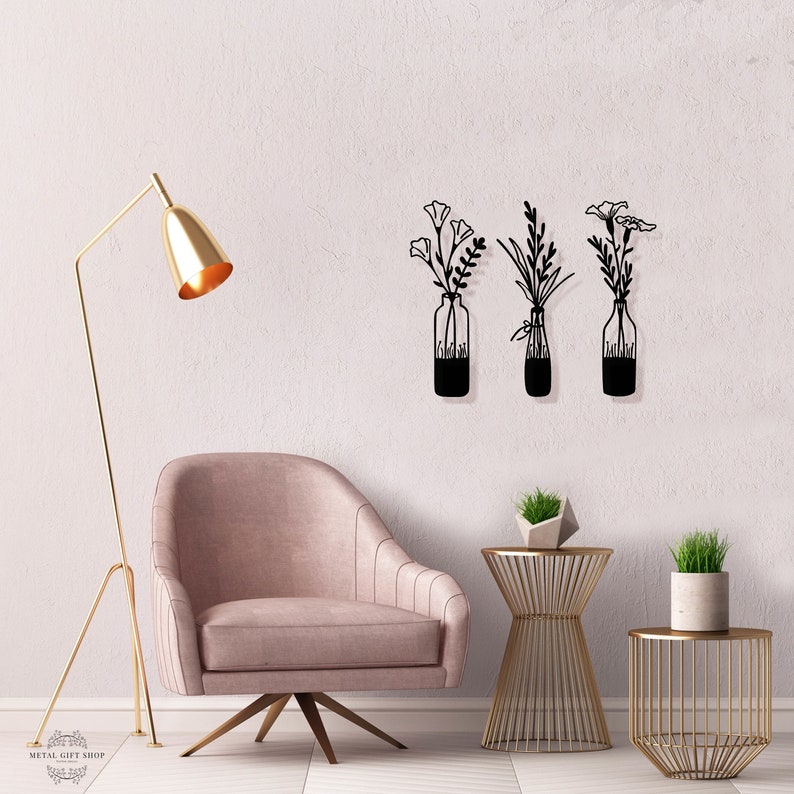 3 Pieces Flower in Vase Wall Art, Metal Wall Decor, Metal Wall Hangings