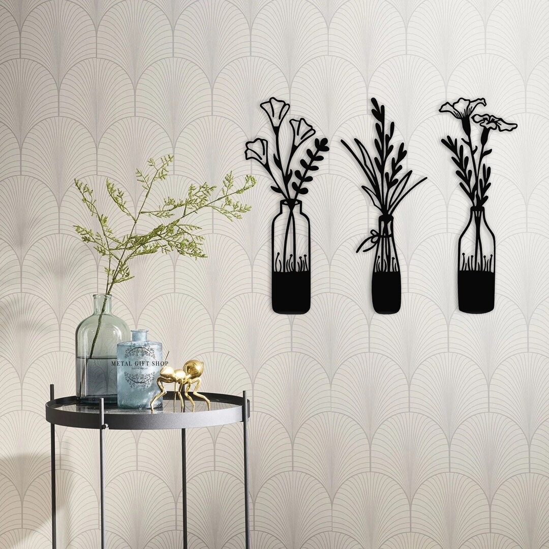 3 Pieces Flower in Vase Wall Art, Metal Wall Decor, Metal Wall Hangings
