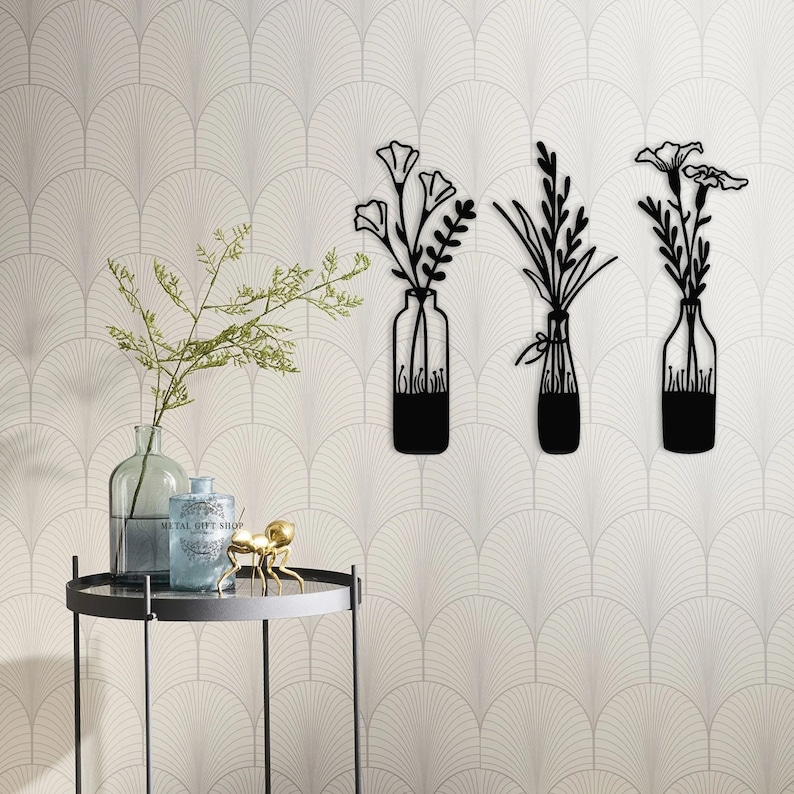 3 Pieces Flower in Vase Wall Art, Metal Wall Decor, Metal Wall Hangings