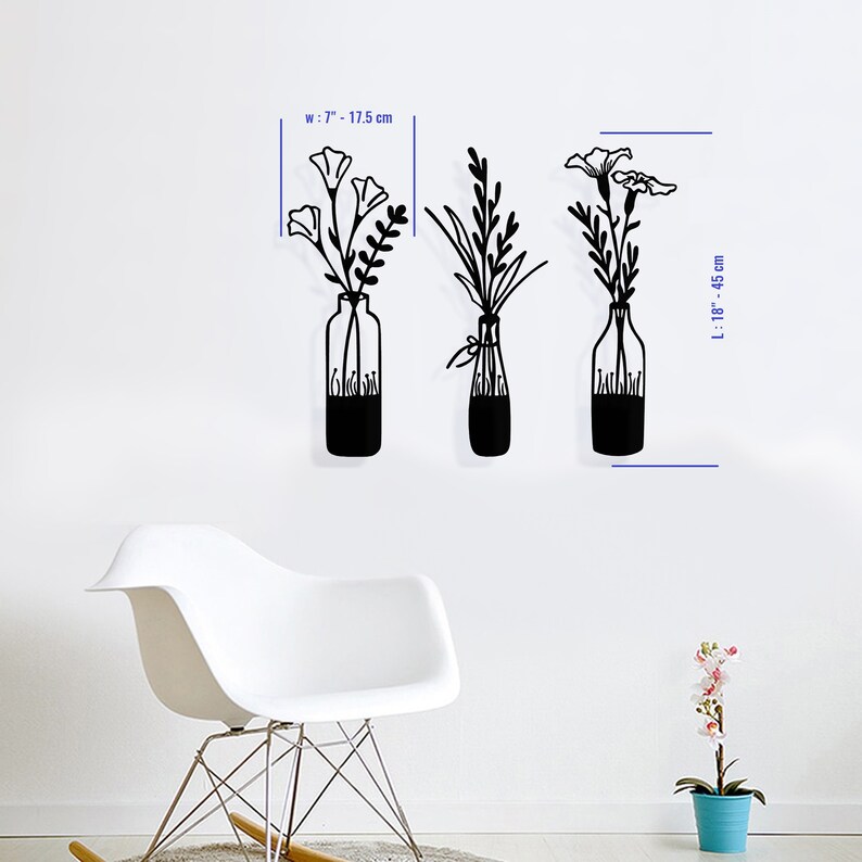 3 Pieces Flower in Vase Wall Art, Metal Wall Decor, Metal Wall Hangings