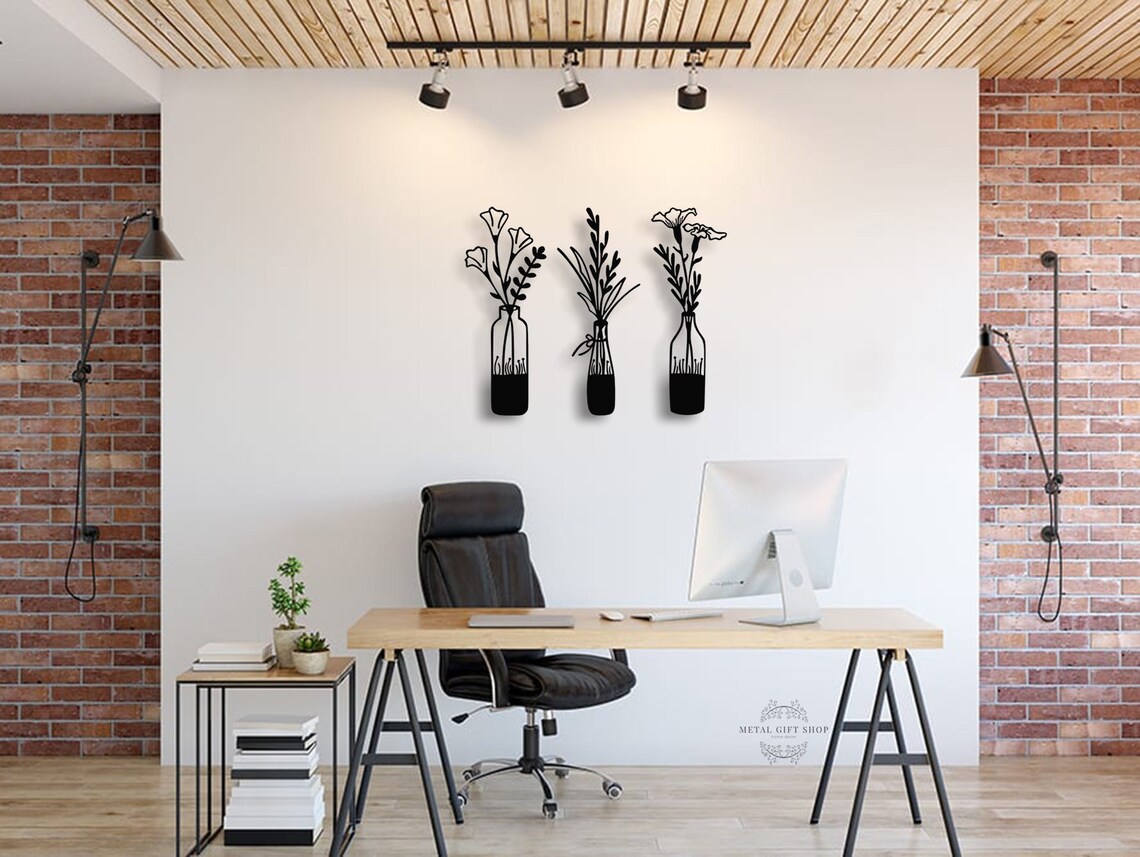 3 Pieces Flower in Vase Wall Art, Metal Wall Decor, Metal Wall Hangings