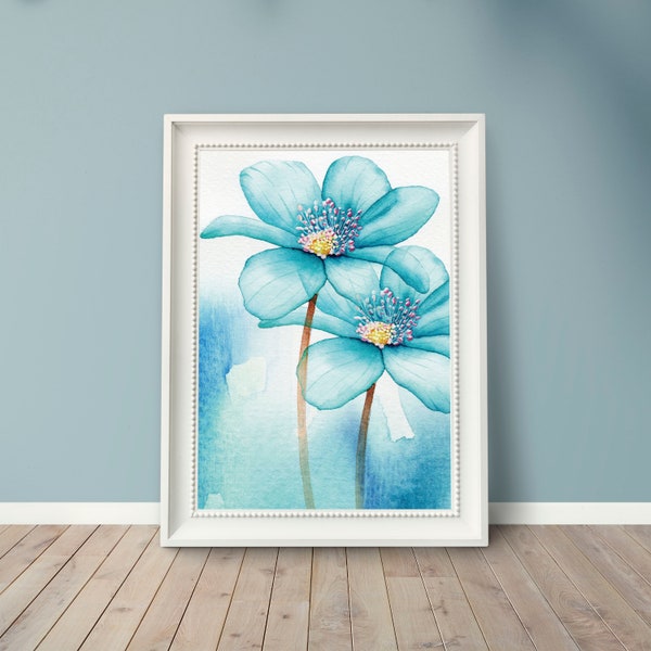 Blue Hepatica Nobilis blooming in the spring forest.  blue watercolor, watercolor flowers, floral watercolor