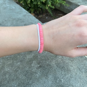 Hot pink heishi bead/ white seed bead bracelet set