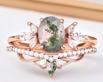 Moss Agate engagement ring set wedding rings rose gold promise ring set bridal ring set unique engagement ring green moss agate artisan ring