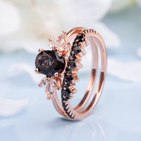 Engagement ring set rose gold vintage wedding ring promise ring set Black Quartz ring for woman Unique engagement ring set Vintage ring her