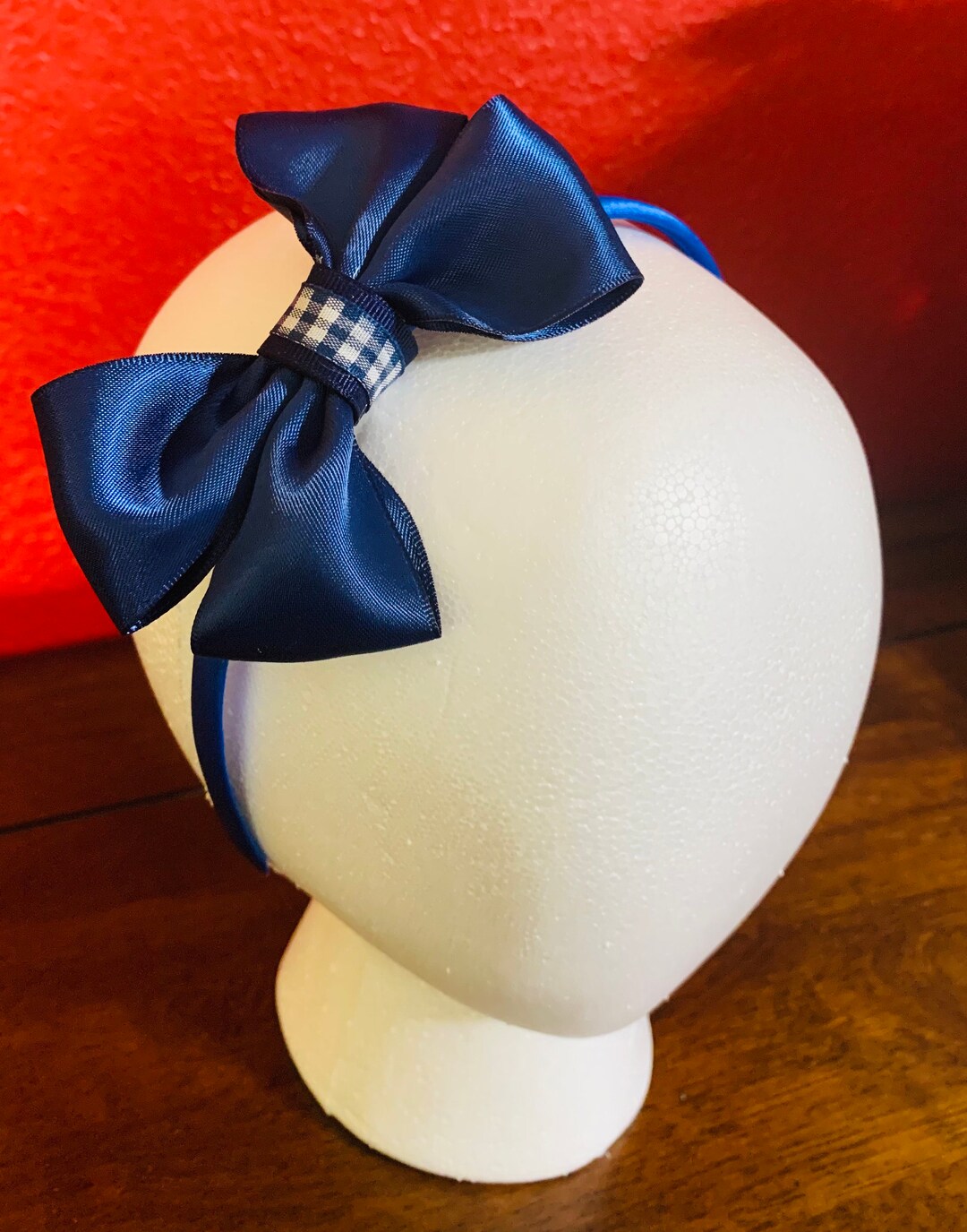 Satin Navy Blue Bow Headband/blue Gingham Etsy