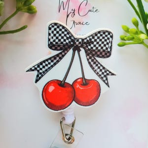 Cherry Badge Reel: Retro Checkered Bow, Glitter Badge