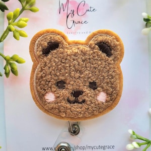 Cute Fuzzy Little Brown Bear Badge Reel, Retractable Badge Holder, Nurse Badge Reel, Pediatric Nursing Badge Reel, RN Badge Reel, Kawaii