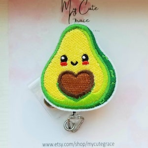 Badge reel avocado kawaii,badge reel cute,embroidery avocado,happy badge reel smile