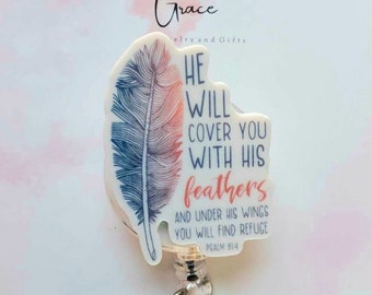 Bible Verse Retractable Badge Reel, Feather Design, Psalms Quote, Nurse ID Holder
