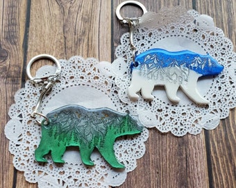 Handmade Mountain Bear Resin Keychain: Glitter Animal Gift