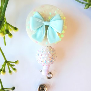 Coquette Badge Reel: Blue Bow, Retro Glitter, Beaded