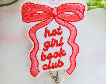 Carrete de insignias del club de lectura Hot Girl: lazo rosa coqueto, porta identificación de lectura
