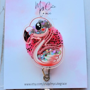 Glitter Swan Badge Reel: Kawaii Animal ID Holder