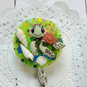 Glitter Turtle Badge Reel: 3D Resin ID Holder