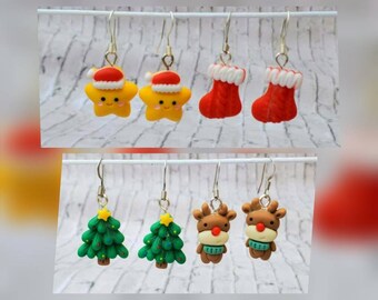 May include: A set of six Christmas-themed earrings. The earrings are made of polymer clay and feature a star, stocking, Christmas tree, and reindeer. The earrings are all different colors, including red, green, yellow, and brown.