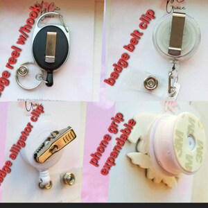 May include: Four different types of badge holders. The first is a black retractable badge reel with a silver clip. The second is a clear plastic badge holder with a silver clip and a silver belt clip. The third is a white alligator clip badge holder with a silver clip. The fourth is a white phone grip with a silver clip and a 3M adhesive backing.