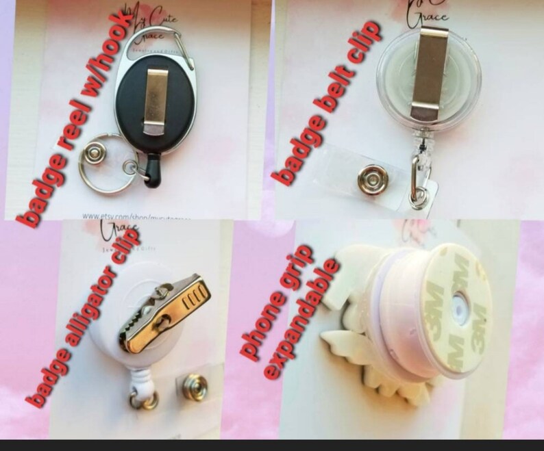 May include: Four different types of badge holders. The first is a black retractable badge reel with a silver clip. The second is a clear plastic badge holder with a silver clip and a silver belt clip. The third is a white alligator clip badge holder with a silver clip. The fourth is a white phone grip with a silver clip and a 3M adhesive backing.