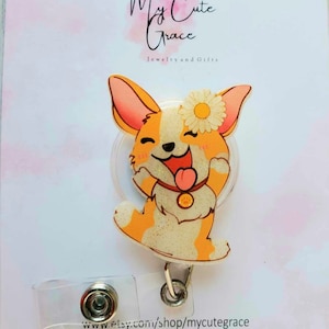badge reel corgi,embroidery dog cute badge reel smile,badge reel cute puppy,badge reel dog floral