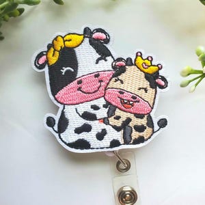 Cow and Baby Badge Reel: Embroidered Monogrammed ID Holder