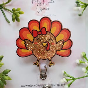cute turkey badge reel for mental health, Thanksgiving badge holder for food service, fall badge clip for teachers, retractable ID card