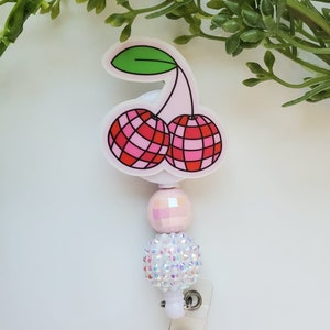 Cherry Disco Ball Badge Reel: Retro Glitter ID Holder