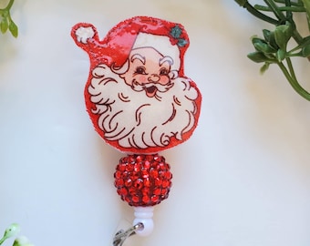 Santa Claus Badge Reel: Beaded Christmas ID Holder