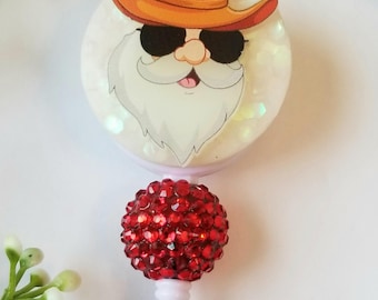 Christmas Cowboy Santa Badge Reel: Beaded Retractable ID Holder