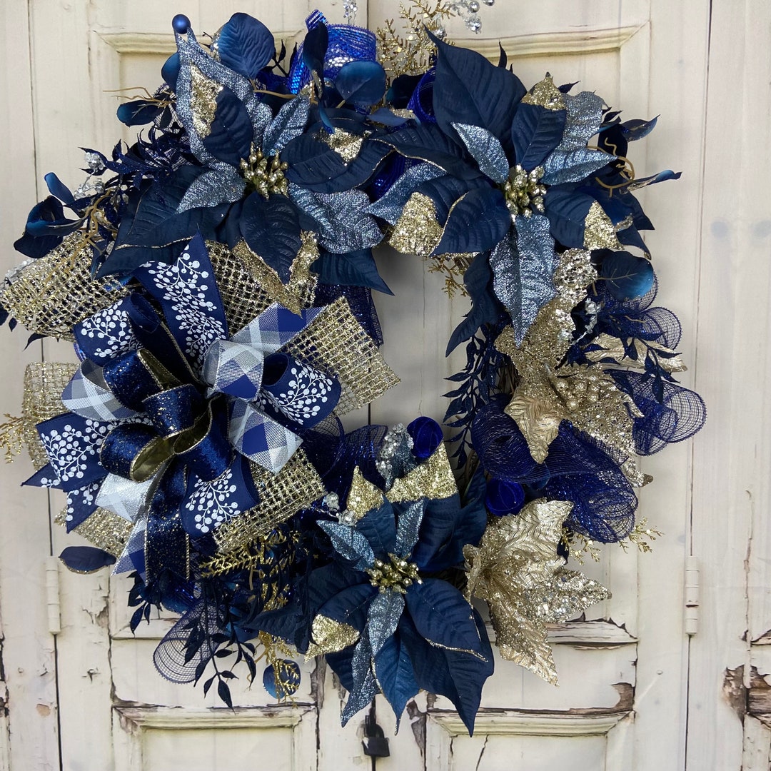 Winter Bliss Wreath for Front Door, Blue and Gold Poinsettias, After ...