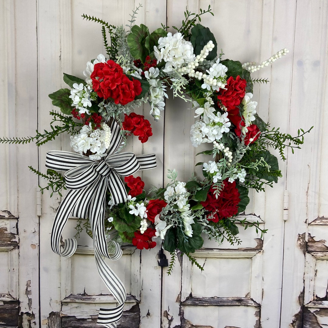 Red Geranium Wreath for Front Door Designer Wreath for Porch Etsy