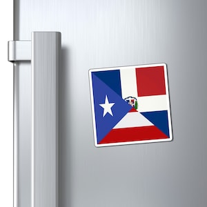 May include: A square magnet featuring a combined design of the flags of Puerto Rico and the Dominican Republic. The magnet is primarily white, blue, and red, with a white star on a blue triangle and a coat of arms.