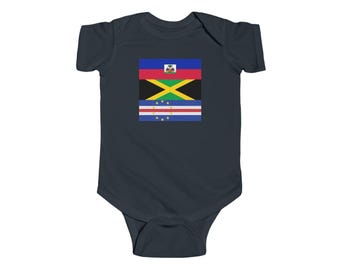 May include: A dark navy blue short-sleeve baby bodysuit featuring a square graphic on the chest. The graphic displays three stacked horizontal flag designs: the blue and red flag of Haiti, the black, green, and yellow flag of Jamaica, and the blue flag of Cape Verde with a circle of yellow stars.