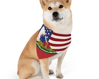 May include: A tan Shiba Inu dog wearing a red, white, and blue bandana with a green and gold emblem. The bandana features the text "DONT TREAD ON ME" and a depiction of a cannon and ships.