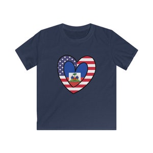 Kids American Haitian Flag Inner Heart Tee | Unisex Youth USA Haiti Shirt Gift for Haitian Gift for