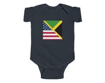 May include: Dark navy blue baby bodysuit with a square graphic featuring the American and Jamaican flags. The American flag is on the left, and the Jamaican flag is on the right. The bodysuit is made of soft fabric.