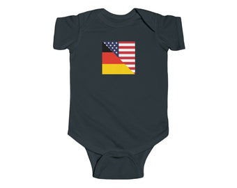 May include: A dark blue baby onesie with a graphic of the American and German flags combined.