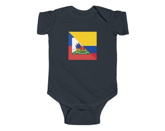 May include: A dark blue baby onesie with a yellow, red, blue, and white flag design. The flag is a diagonal split of the flags of Ecuador and Colombia.