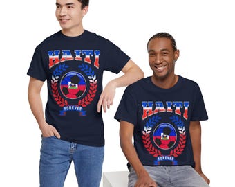 May include: Navy blue t-shirts with a Haiti soccer design. The design includes the word "HAITI" in red, white, and blue, a soccer ball with the Haitian flag, and the word "FOREVER" on a blue ribbon, surrounded by a laurel wreath.