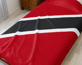 May include: A red, black, and white flag-themed duvet cover. The design features a large red field with a central black stripe bordered by white stripes. The bedding is on a wooden bed frame.