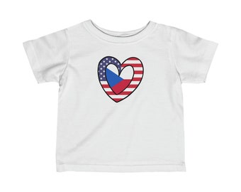 Infant Czech Republic American Heart Valentines Day Wedding Gift Half Flag Toddler Tee Shirt Gift for