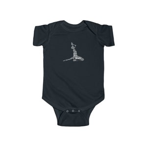 May include: A dark blue baby onesie with a white outline of Haiti, made up of words related to the country. The words include "Haiti", "1804", "August", "Freedom", "Revolution", and "Independence".