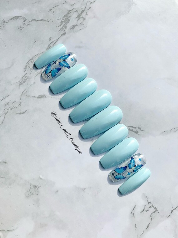 Baby Blue Butterfly Press On Nails L False Nails L Fake Nails Etsy