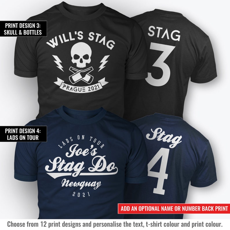 Puede incluir: Dos dise&ntilde;os de camisetas para una despedida de soltero. El primer dise&ntilde;o es negro con una calavera y huesos cruzados blancos con el texto "Will's Stag" y "Praga 2021". El segundo dise&ntilde;o es azul marino con texto blanco que dice "Joe's Stag Do" y "Newquay 2021".