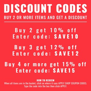 Puede incluir: Fondo rojo con texto blanco que describe c&oacute;digos de descuento para la compra de varios art&iacute;culos. Compra 2 y obt&eacute;n un 10% de descuento, introduce el c&oacute;digo SAVE10. Compra 3 y obt&eacute;n un 12% de descuento, introduce el c&oacute;digo SAVE12. Compra 4 o m&aacute;s y obt&eacute;n un 15% de descuento, introduce el c&oacute;digo SAVE15. Instrucciones sobre c&oacute;mo canjear los c&oacute;digos de descuento.
