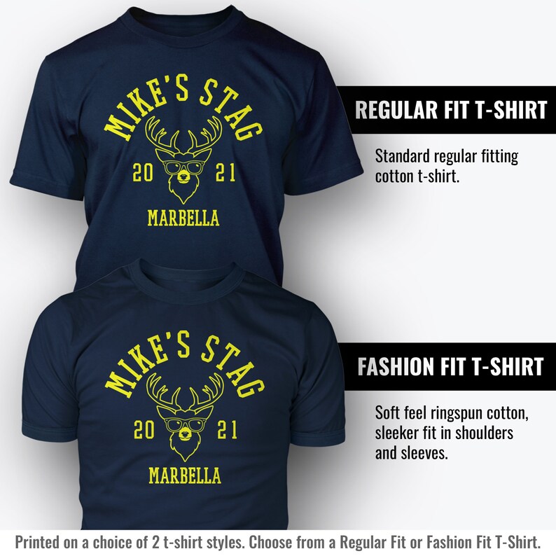 Puede incluir: Dos camisetas azul marino con un gr&aacute;fico de ciervo amarillo, el texto "Mike's Stag" y los n&uacute;meros "20" y "21". El texto "Marbella" est&aacute; impreso debajo del ciervo. Las camisetas est&aacute;n disponibles en un ajuste regular o un ajuste de moda.