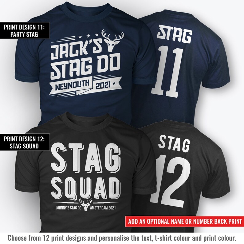 Puede incluir: Dos dise&ntilde;os de camisetas para una despedida de soltero. El primer dise&ntilde;o es azul marino con texto blanco que dice "Jack's Stag Do Weymouth 2021" y un gr&aacute;fico de cabeza de ciervo. El segundo dise&ntilde;o es negro con texto blanco que dice "Stag Squad Johnny's Stag Do Amsterdam 2021" y un gr&aacute;fico de cabeza de ciervo.