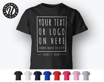 Camiseta infantil personalizada con tu texto y logotipo impresos a medida para niños y niñas.